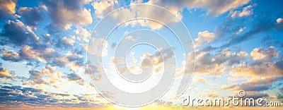 Sky clouds background. Beautiful landscape with clouds and orange sun on sky Stock Photo