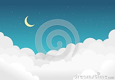 Sky and clouds background with bright stars and half moon. Vector Illustration