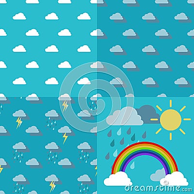 Sky with clouds, rain, sun and a rainbow arc Vector Vector Illustration