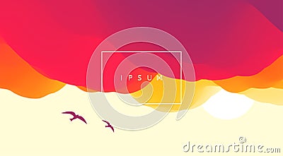 Sky with clouds and sun. Beautiful sunrise with seagulls silhouettes. Relaxing background. Motion vector Illustration Vector Illustration