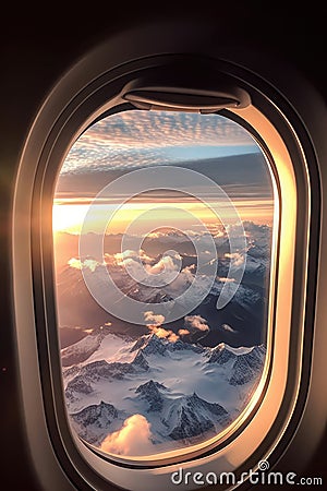 Sky with clouds and sunset seen through airplane window, created using generative ai technology Stock Photo