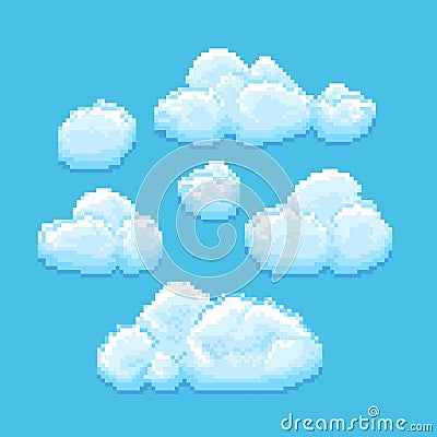 Sky with clouds vector pixel art. Cloudscape background for retro game Vector Illustration