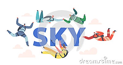 Sky Concept. Base Jumping and Parachuting Extreme Sport Activities, Recreation. Skydiver Characters Jump with Parachute Vector Illustration