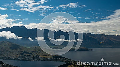 Sky diver landing in scenic Queenstown Stock Photo