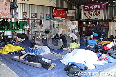 Sky divers resting and checking equipment in safety area in hang Editorial Stock Photo