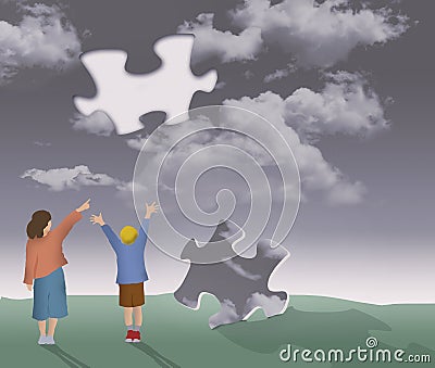 The sky is falling. Children, a girl and a boy observe that a jigsaw style piece of the sky has fallen and crashed into the ground Cartoon Illustration
