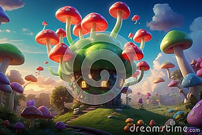 Sky with flying Mushrooms Fantasy - Ai illustration Cartoon Illustration