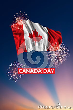 Sky with holiday fireworks and flag of Canada Stock Photo