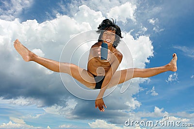 Sky jump with cellphone Stock Photo