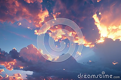 Sky landscape. Cloudscape. Breathtaking sky with clouds and sunshine. Generative AI. Stock Photo