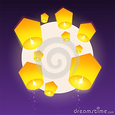 Sky lanterns floating in night sky with moon. Lanterns Festival. Cartoon style. Vector Illustration