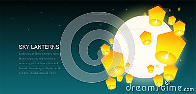Sky lanterns floating in the night sky with a full moon. Vector Illustration