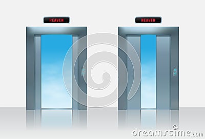 Sky lift vector ilustration. Realistic half open metal elevator Door to the heaven. Vector Illustration