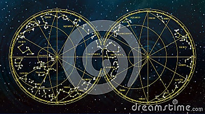 Sky map depicting constellations and zodiac signs. Stock Photo