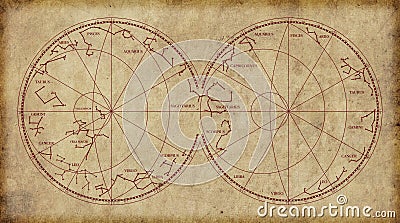 Sky map depicting constellations and zodiac signs. Stock Photo