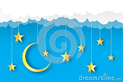 Sky paper art. Origami crescent moon, cloud and stars. Vector Vector Illustration