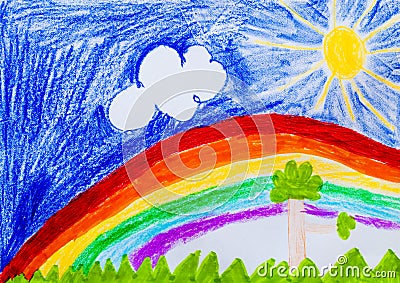 Sky and rainbow. Sun and trees. Child drawing Stock Photo