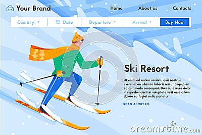 Sky resort vector flat banner template. Happy man in warm clothes skiing. Young sportsman riding downhill Vector Illustration