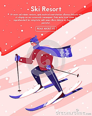 Sky resort vector flat banner template. Happy man in warm clothes skiing. Young sportsman riding downhill Vector Illustration