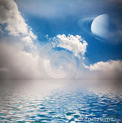 Sky with stars and planet reflected in water. Stock Photo