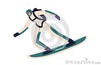 Sky surfer, diver with parachute backpack, surfing, floating in air, standing on board at height. Extreme skydiving Vector Illustration