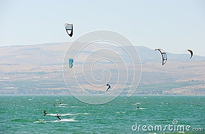 Sky-surfing on lake Kinneret Stock Photo