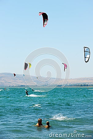 Sky-surfing on lake Kinneret Stock Photo