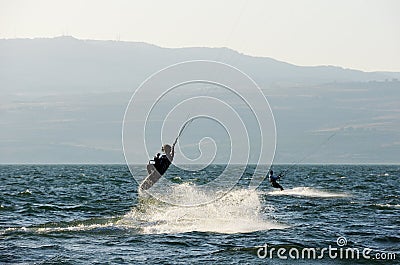 Sky-surfing on lake Kinneret Stock Photo