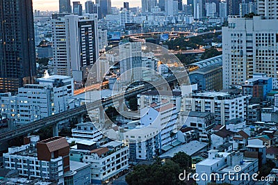 sky train and building in the morning in Bangkok Editorial Stock Photo