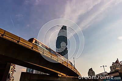 Sky train and King Power Mahanakorn skyscraper, modern office buildings, near Silom central business district of Bangkok. Bangkok Editorial Stock Photo