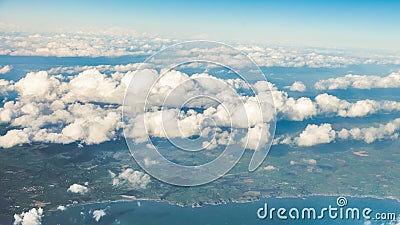 Sky. View from window of airplane flying in clouds Stock Photo