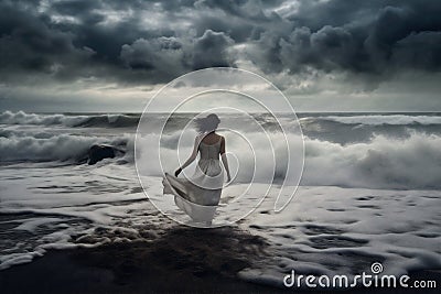 sky woman storm summer ocean nature sea cloud beach dress ai. Generative AI. Stock Photo
