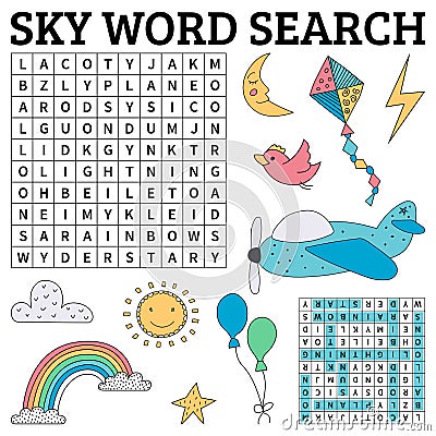 Sky word search game for kids Vector Illustration