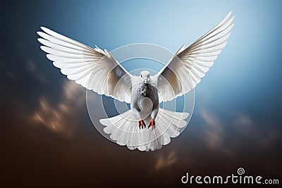 Skybound elegance Blue background with a white feathered dove symbol Stock Photo