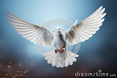 Skybound elegance Blue background with a white feathered dove symbol Stock Photo