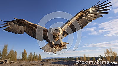Skybound Majesty - The full splendor of an eagle in flight, under the vast, blue, cloudless sky. Generative AI Stock Photo