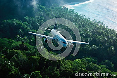Skybound Oasis: Commercial Flight Over Exotic Paradise. Stock Photo