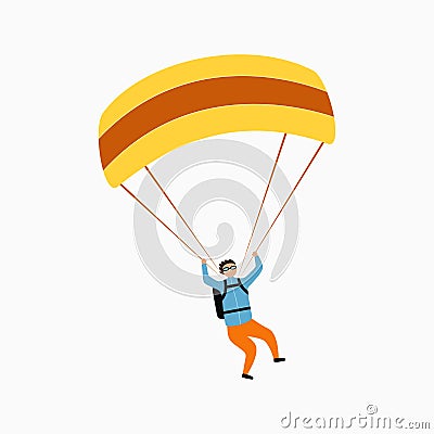 Skydiver flying with parachute. Skydiving, parachuting and extreme sport, active leisure concept. Vector. Vector Illustration