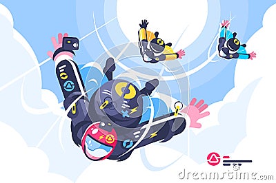 Skydivers group flying in the free fall. Vector Illustration