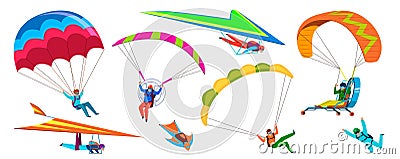 Skydivers. Skydiving adventure, people jump with parachute in sky, fly with paraglider and free flight. Cartoon vector Vector Illustration