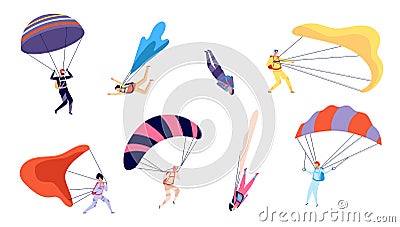 Skydiving characters. Skydiver, free jumping and sky flying. Extreme sports, people in suits fall with parachutes Cartoon Illustration