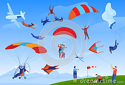 Skydiving extreme sport vector illustration set, cartoon flat parachute skydiver sportsman characters jumping with Vector Illustration