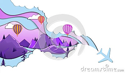 Skydiving, Jumping With Parachute Concept. The Airplane Releasing Parachutes Over The Mountains. Minimalistic Paper Cut Vector Illustration