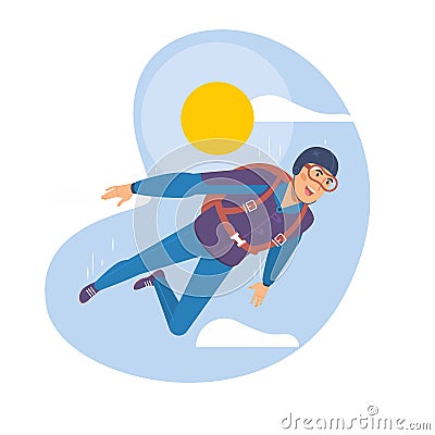 Skydiving man. Parachuting sport.Vector Skydiver Parachute Fly. Vector Illustration