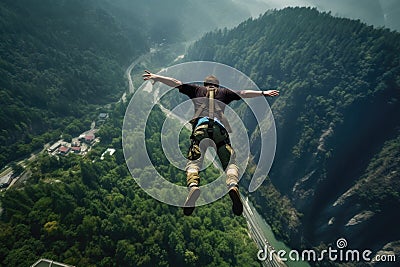 Skydiving in the mountains. A man jumps from a cliff into the abyss, Extreme Bungee jumping on the mountain, top view, no visible Stock Photo