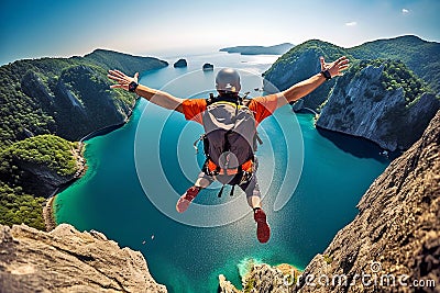 Skydiving in the mountains by the sea. Extreme sport. Beautiful landscape. Generative AI Stock Photo