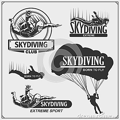 Skydiving and parachuting emblems. Sport club labels. Vector Illustration