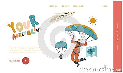 Skydiving Parachuting Sport Landing Page Template. Skydiver Jumping with Parachute Soaring in Sky. Parachutist Extreme Vector Illustration