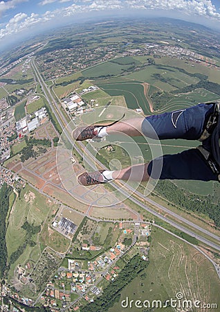 Skydiving point of view of my shoes untied Stock Photo