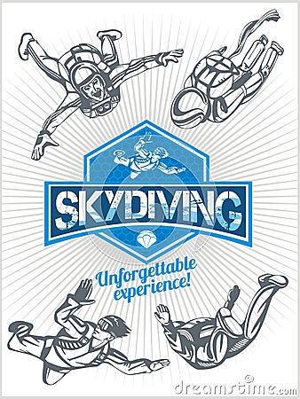 Skydiving. Vector set - emblem and skydivers. Vector Illustration